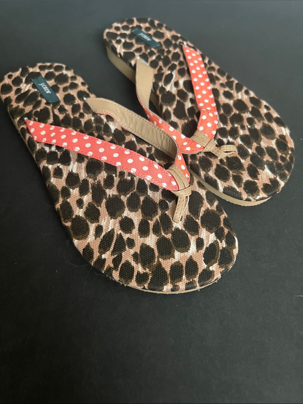 J. Crew Leopard Print Flip Flop Sandals with coral Polka Dot Straps